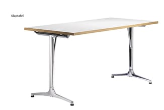 Klaptafel met wit blad, houten rand, verchroomde poten en zwarte klapmechanisme aan linkerzijde.