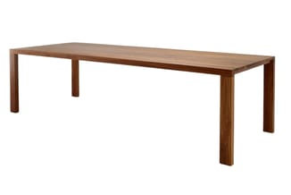 Houten vergadertafel met donkerbruine afwerking, rechthoekige vorm en vier massieve poten, frontaal beeld tegen witte achterg