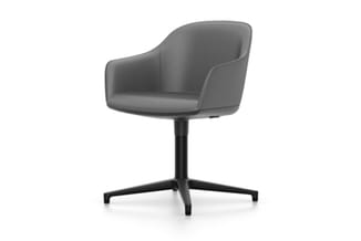 Grijze stoel met armsteunen op zwart draaivoetstuk, moderne ergonomische zitschaal van stof, minimalistisch design.