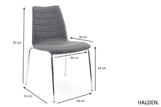Grijze gestoffeerde stoel HALDEN met chromen poten, afmetingen 87 x 54 x 51 cm, zithoogte 47 cm.