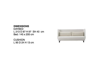 Grijze daybed met twee kussens en zwarte poten, afmetingen L 213 D 87 H 97 cm, slaapoppervlak 145 x 200 cm.