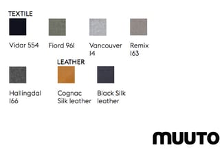 Kleurstalen van Muuto meubelstoffen en leer: Vidar 554, Fiord 96I, Vancouver I4, Remix 163, Hallingdal 166, Cognac Silk leath
