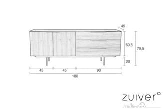 Zuiver dressoir met technische tekening. Lichte houten uitvoering, 180cm breed, 70,5cm hoog. Linker en middelgedeelte met ges