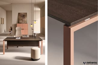 Linker afbeelding: Modern kantoor met bruin bureau met roze poten, crèmekleurige bureaustoel, roze kast, hangende verlichting