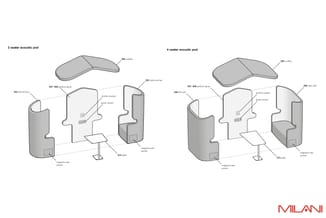 Technische tekeningen van twee akoestische pods: 2-zits en 4-zits variant met grijze constructie, zitgedeelten, scheidingspan