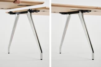 Houten bureau met witte metalen poten in twee weergaven, links en rechts, toont het design en de constructie van het tafelond