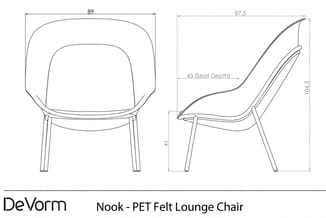 DeVorm Nook lounge stoel in PET vilt - technische tekening met afmetingen (89x87,5x104,5 cm, zitdiepte 43 cm)
