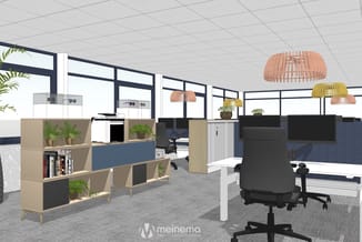 Modern kantoor met witte bureaus, zwarte stoelen, beige kasten met planten, blauwe akoestische schermen, hanglampjes en grote