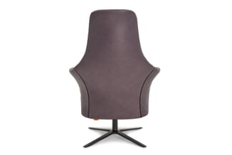 Grijze draaibare fauteuil met hoge rugleuning en zwart stalen kruisvoetonderstel, vooraanzicht tegen witte achtergrond.