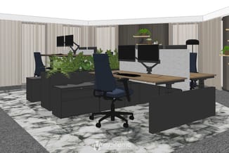 Modern kantoor met zwarte bureaus, donkerblauwe ergonomische stoelen, groene planten, monitoren op armen, lichtgrijze scheidi