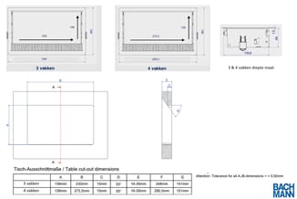 Technische tekeningen van vergadertafel met 3 en 4 vakken, inclusief afmetingen, dieptemaatschema en tabel met specificaties.