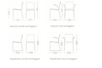Technische tekeningen van vier stoelvarianten met afmetingen: vierpoot zonder/met armleggers en draadframe zonder/met armlegg