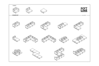 Softline modulaire zitbanken: isometrische tekeningen van verschillende elementen en configuraties in grijs.