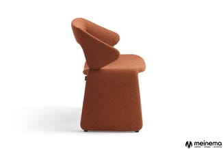 Bruine gestoffeerde stoel met ergonomische rugleuning en afgeronde vormen, staand tegen witte achtergrond.