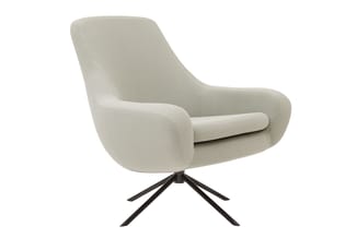 Moderne draaibare lounge stoel met beige getextureerde bekleding, ergonomische vorm en zwart stervoetonderstel.
