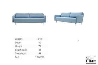 Blauwe slaapbank Softline, twee weergaven: frontaal en zijdelings. Afmetingen: 210x80x77cm, zitdiepte 51cm, bed 117x200cm.