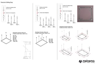 Oversize Ceiling Easy: installatiedetails plafondbevestiging met 4 of 6 kabels, verschillende afmetingen en montagevoorbeelde