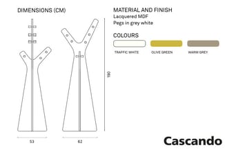 Cascando kapstok, twee varianten met uitvoerige dimensionering (53/62/190 cm), gelakt MDF, beschikbaar in traffic white, oliv