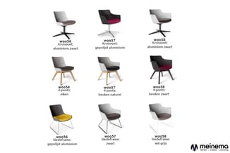 Negen draaistoelen en vergaderstoelen in verschillende uitvoeringen: aluminium kruisvoeten, houten 4-poots onderstel en slede