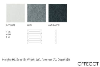 Offecct modulaire zitbank in drie kleuren (offwhite, grijs, anthraciet) met afmetingen H585 x B585 x D60 cm en detail van hor