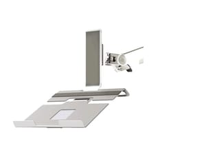 Ergonomische werkstation met wit bureau, grijze monitorarm, toetsenbordblad en documenthouder tegen witte achtergrond.