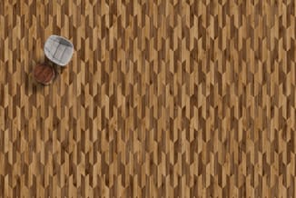 Bovenaanzicht houten parkettvloer met visgraat patroon in bruine tinten, met een grijze stoel en ronde houten tafel.