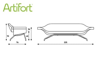 Artifort stoel en loungebank met technische afmetingen: stoel 76x70cm, bank 225cm breed met zit- en rugkussens.