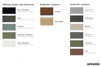 Kleurmogelijkheden voor tafelblad en zitmeubelen: frame in zwart, earth, verdigris, reed green of wit; kussenopties in hout-