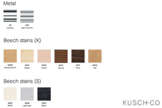 Kleurstalen voor meubelbekleding en metaalafwerkingen: Chrome en Satin chrome metaal, Beech stains K (natuurlijk beuk, esdoor