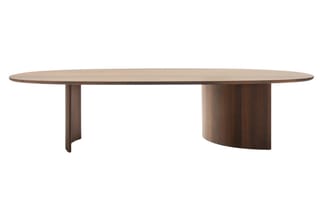 Ovale vergadertafel met donkerbruinen houten blad en twee organische, halfronde voetsteunnen in houtafwerking.