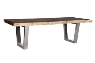 Vergadertafel met donkerbruin blad, natuurlijke boomkant, op twee grijze trapeziumvormige onderstellen.