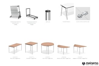 Collectie vergadertafels en transportwagens: rechthoekige tafel 150x70cm, vierkante tafel 80x80cm, ronde tafel ø110cm, halfro