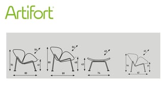 Artifort stoelen technische tekening met afmetingen. Vier verschillende stoelmodellen met arm- en rugsteunen in zijanzicht, i