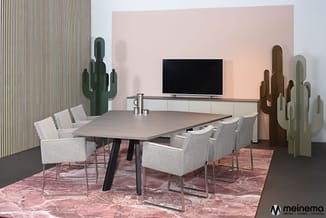 Vergaderkamer met grijze stoelen rond houten tafel, tv-meubel met scherm, cactusbeelden, roze muur en gestreepte wand.