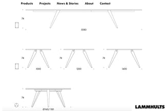 Technische tekening van vergadertafels in verschillende lengtes (1000, 1200, 1400mm) en ronde tafel (Ø160/180mm) met conische