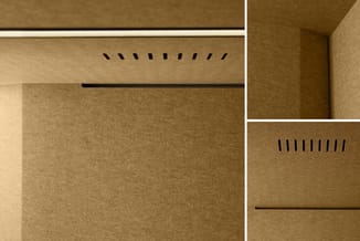 Kartonnen doos met ventilatiesleuven, weergegeven in drie verschillende aanzichten van de verpakking.