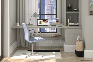 Modern kantoorinterieur met grijs bureau, blauwe bureaustoel, grijze wandkasten, bureaulamp en uitzicht op stedelijk skyline.