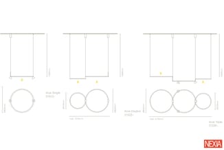 Technische tekeningen van Aros hangsystemen in drie varianten: Single (Ø282mm), Double (max. 1370mm) en Triple (max. 2170mm)