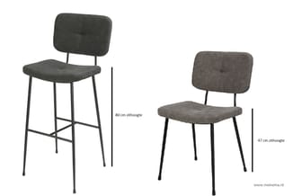 Twee grijze stoelen met zwarte metalen frames: barstoel met 80 cm zithoogte en gewone stoel met 47 cm zithoogte.