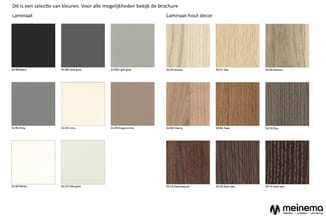 Kleurenpalet met laminaat- en houtdecor opties: zwart, grijs, ivoor, wit, cappuccino, acacia, eik, walnoot, teak, elm en donk
