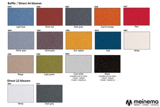 Kleurenkaart met 44 kleuren voor Baffle/Direct stof en 22 kleuren voor Direct, inclusief blauw, rood, grijs, oranje, wit, zwa