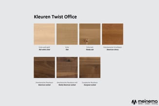 Zeven houtsoorten voor Kleuren Twist Office: ash white oiled, eik, knotty oak, Amerikaanse kerselaar, Amerikaanse noot, knott