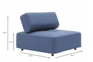 Blauwe modulaire zitmodule met afneembare rugkussen, afmetingen 99x99cm, zithoogte 40cm, totaalhoogte 78cm, op donkere poten.