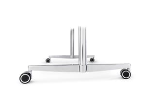 Zilverkleurig mobiel whiteboard-standaard met twee verticale palen, horizontale basis en zwenkwielen.