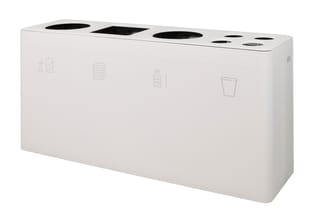 Witte afvalscheiding container met vijf compartimenten en pictogrammen voor verschillende afvalsoorten.