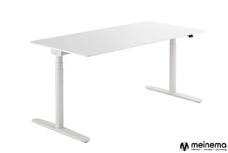 Wit elektrisch verstelbaar bureau met wit werkblad en T-vormig onderstel, merk Meinema.