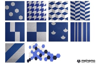 Collectie wandpanelen en akoestische tegels in marineblauw en grijs met patronen: zeshoeken, driehoeken, diamanten, vierkante
