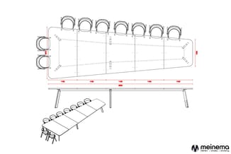 Technische tekening van een lange vergadertafel met 7 stoelen aan bovenzijde en 2 stoelen links, afmetingen 6800x1100mm, met