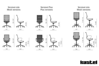 Kastel bureaukstoelen in drie versies met afmetingen: Mesh rete, Plus en Mesh rete, in zwart en grijs, breedte 47-63cm, hoogt
