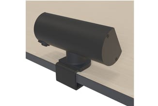 Zwarte buisrailset met cilindrische reflector op houten bureau, montagebeugel zichtbaar.